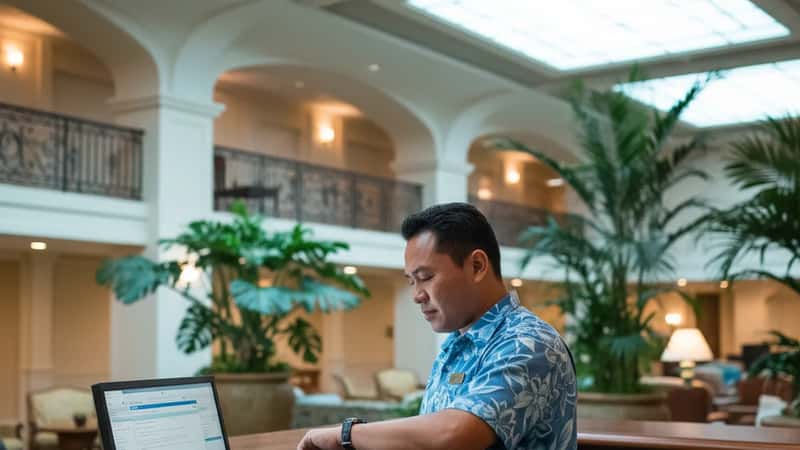 Hotel front desk clerk in Maui resort checking their watch while remaining at the terminal during a break, illustrating on-duty meal period that becomes compensable time
