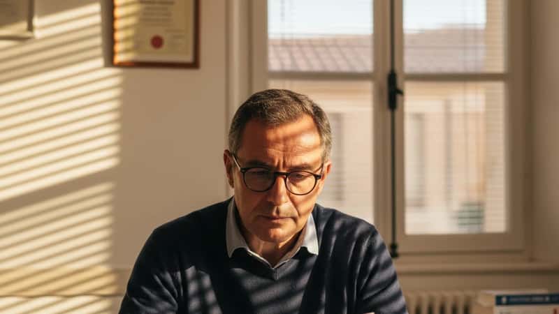 Médecin généraliste français en cabinet examinant une liste de médicaments d'un patient pendant la saison de canicule