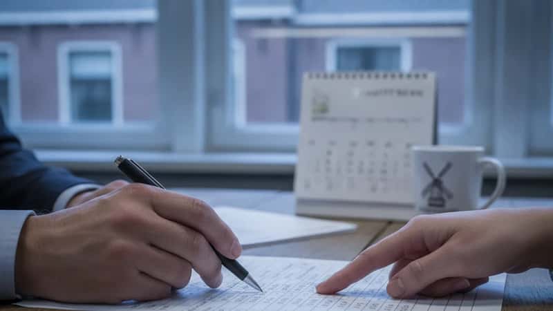 Twee handen die een geprinte werkrooster analyseren op een kantoorbureau in Rotterdam, met pen en koffiebeker erbij