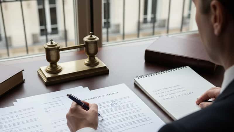 Non-compete agreement on a lawyer desk in Augusta Maine with salary threshold calculations annotated in blue pen