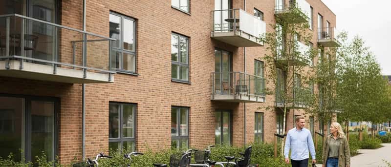Moderne dansk lejlighedsbygning med murstenfacade og store vinduer i skandinavisk boligarkitektur