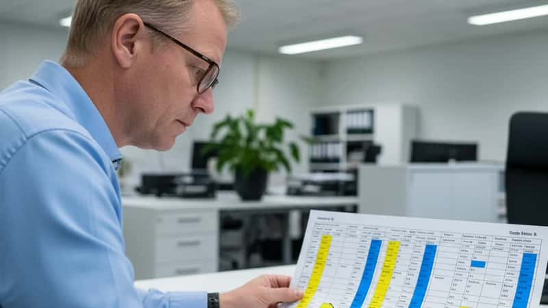 HR-leder i Bergen gjennomgår arbeidsskjema med uthevede kveldsog nattskift for renholdere