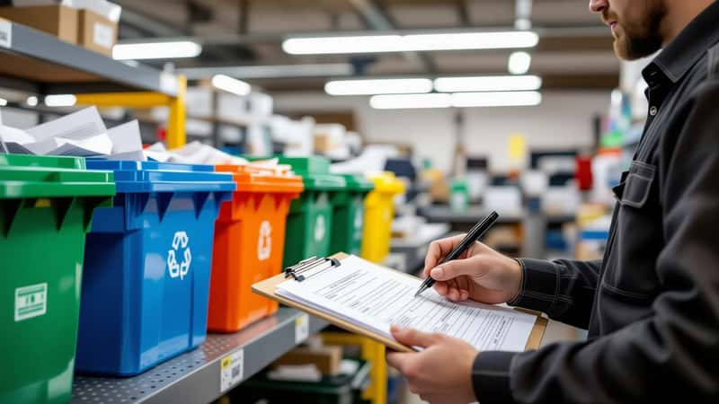 Suomalaisen mikroyrityksen varastohuone Tampereella: värillisiä kierrätysastioita rivissä, yrittäjä täyttää jätteensiirtoasiakirjaa