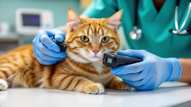 Dyrlæge scanner mikrochip på en orange kat under konsultation i dansk dyreklinik
