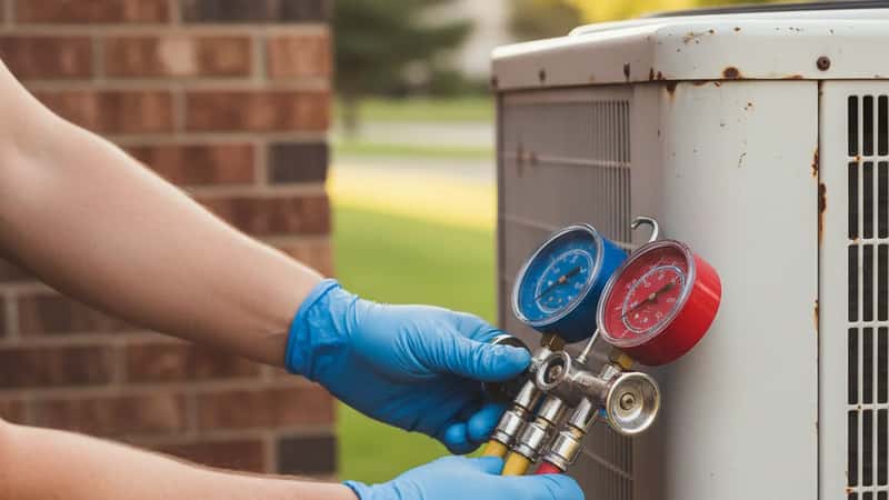 HVAC technician connecting a refrigerant gauge manifold to service valves on an outdoor AC condenser unit in suburban Denver, Colorado