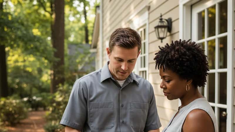 HVAC technician showing a digital service estimate on a tablet to a homeowner at the back door of a colonial home in suburban Atlanta, Georgia, afternoon shade from oak trees