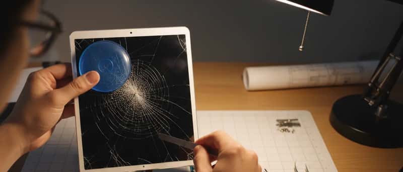 Nærbillede af hænder der løfter en revnet iPad-skærm med en sugekop i et reparationsværksted