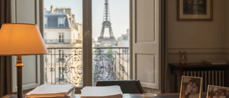 Avocat en droit de la famille examinant des documents juridiques sur un bureau en bois