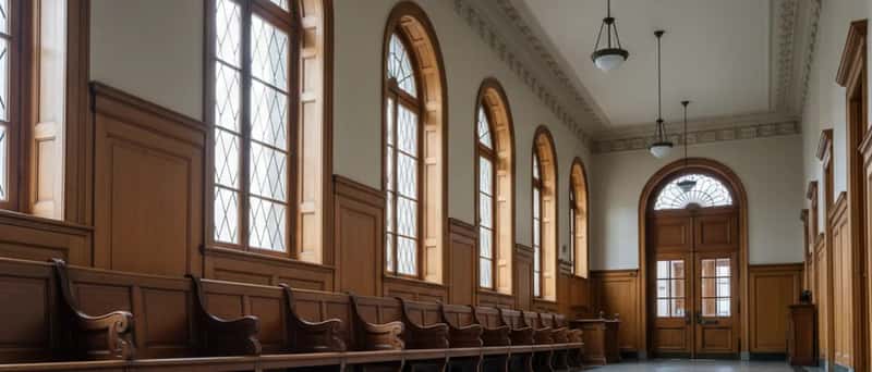 Corridor d'un palais de justice québécois avec bancs en bois et lumière hivernale diffuse