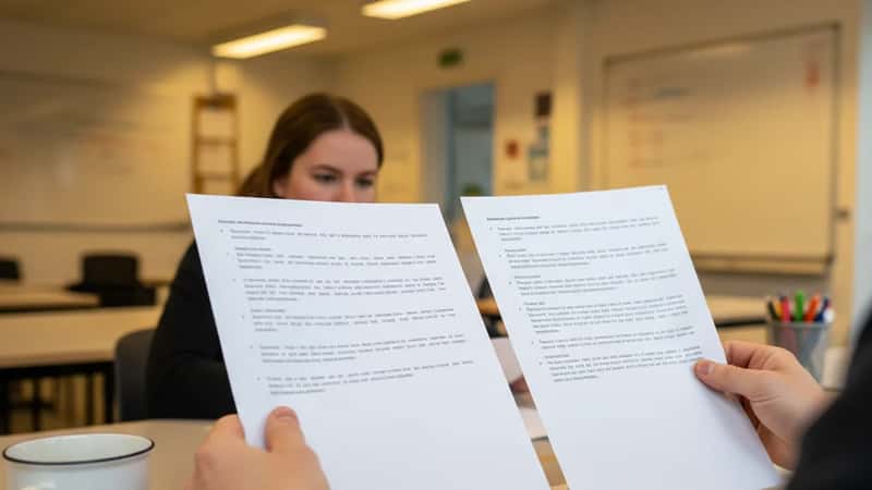 HR-medarbejder sammenligner to overenskomstaftaler i et dansk skolelærerlokale i Odense