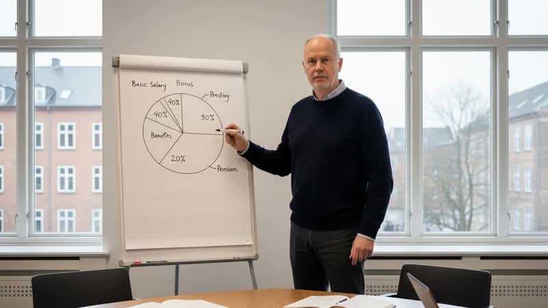 Dansk mand i konferencelokale i Aarhus tegner lønprocenter på whiteboard under møde om OK26-overenskomst