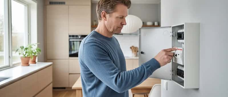 Husägare testar jordfelsbrytare på elcentralen i ett skandinaviskt kök