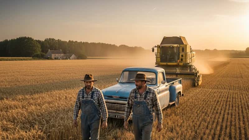 Two farmhands walking across a South Dakota wheat field at golden hour toward a pickup truck, combine harvester visible in background, agricultural overtime exemption