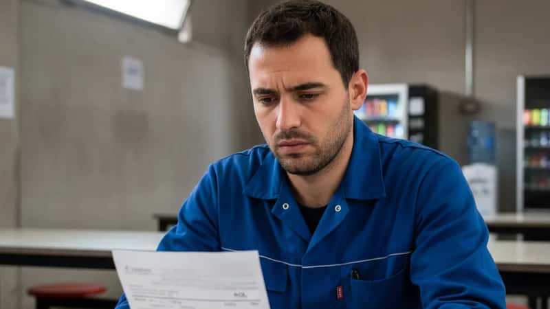 Operaio metalmeccanico a Bologna esamina la sezione ROL del suo cedolino in mensa