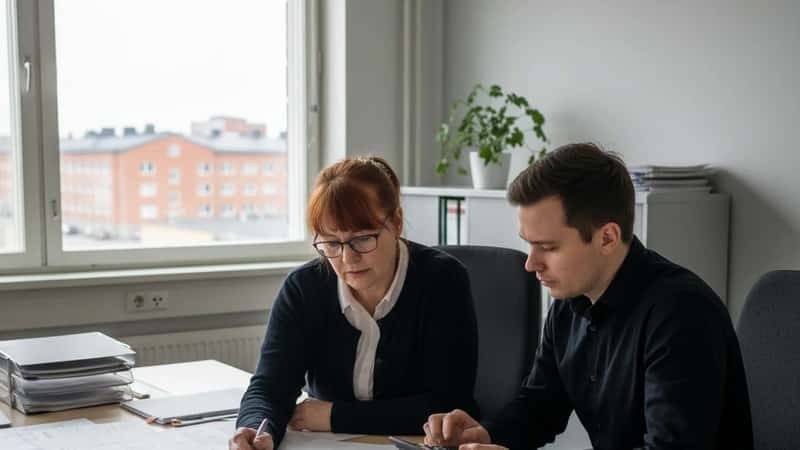 Tamperelainen luottamusmies tarkastaa ylityökirjanpitoa HR-johtajan kanssa toimistossa