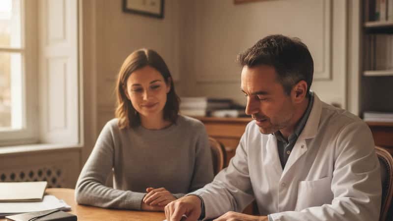 Médecin à Bordeaux expliquant un formulaire d'arrêt de travail à une patiente dans un cabinet de consultation