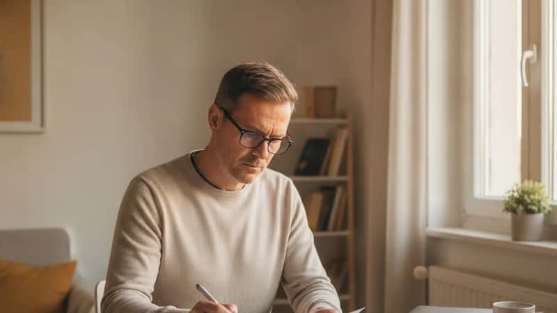 Salarié à Grenoble consultant ses documents d'assurance maladie à un bureau, lumière naturelle d'après-midi