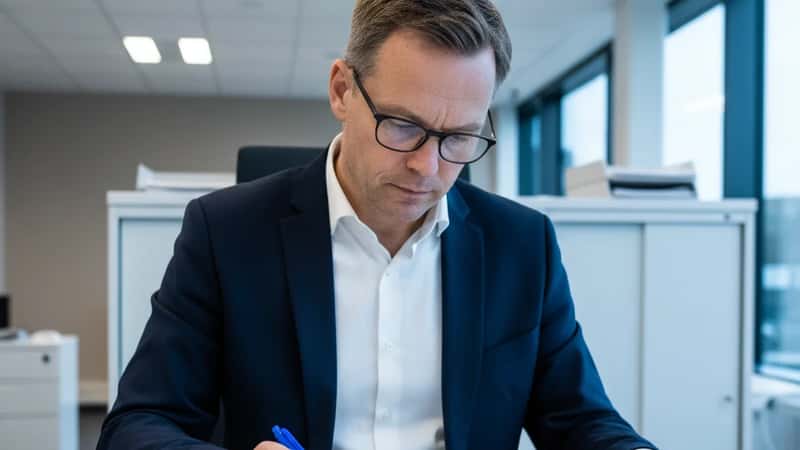HR-medarbejder i Aarhus gennemgår lønbilag ved hospitalsskrivebord