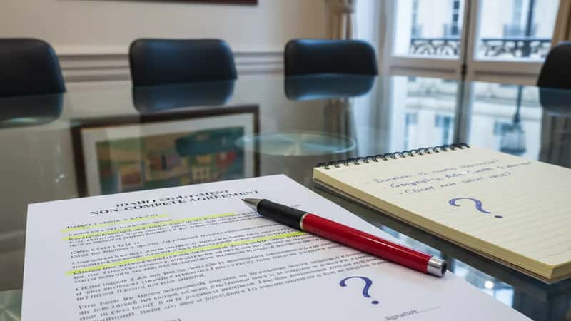 Idaho non-compete agreement document on glass conference table in Boise with highlighted Idaho Code sections and legal notepad