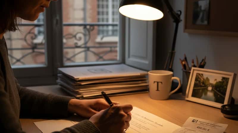 Mains d'une femme rédigeant une lettre de réclamation avec une facture de garage sur un bureau à Toulouse