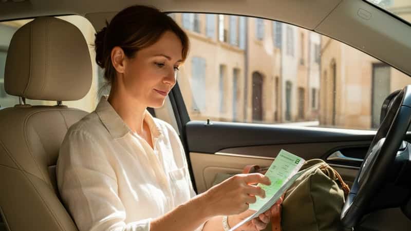 Femme française assise dans sa voiture à Montpellier consultant ses documents d'assurance et sa carte verte avant un trajet