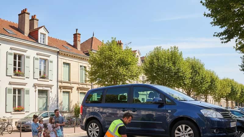 Opérateur de dépannage en gilet fluorescent chargeant une voiture de famille sur une dépanneuse à Bordeaux