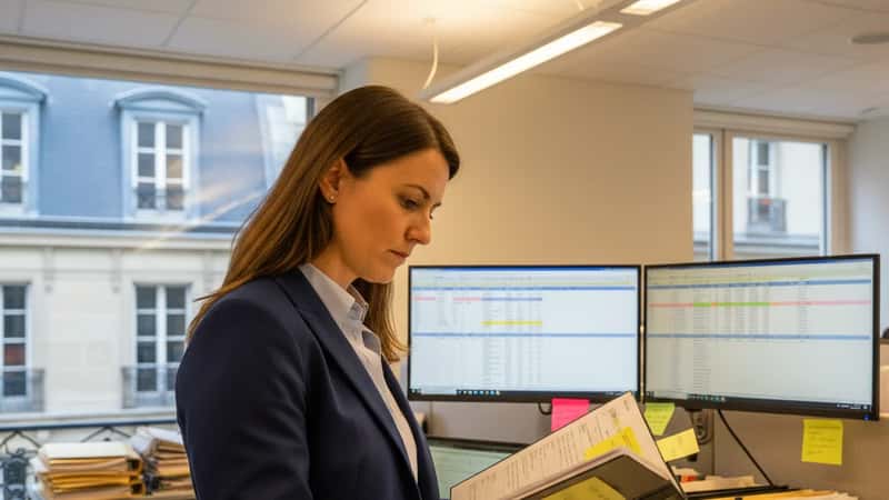 HR manager in a Rapid City office reviewing an employment policy binder, two monitors visible, methodical compliance review atmosphere