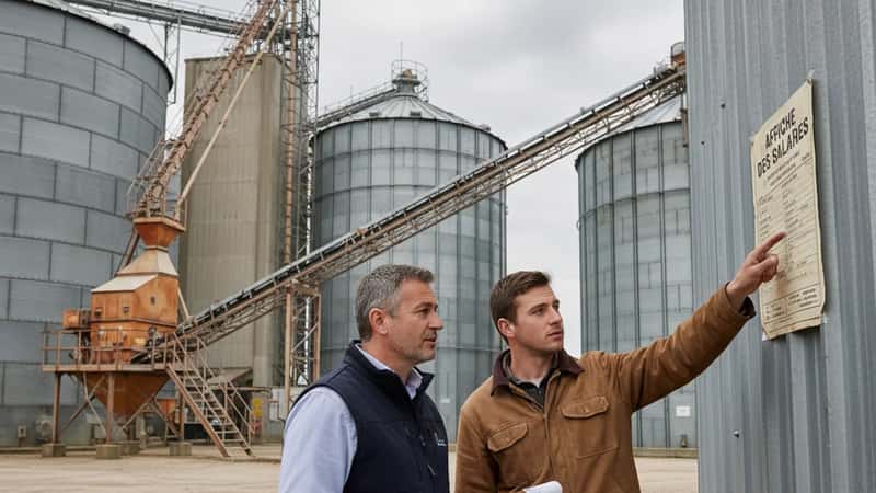 Labor inspector in a navy vest reviewing a wage notice with a worker at a South Dakota grain storage facility, overcast daylight, documentary candid framing