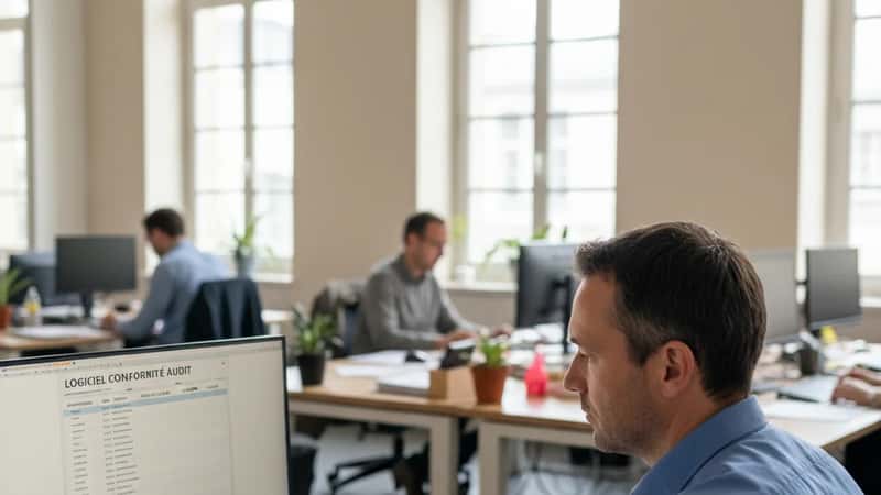 Responsable RH d'une entreprise française examinant une liste d'audit de conformité des logiciels IA sur son ordinateur dans un bureau à Mulhouse