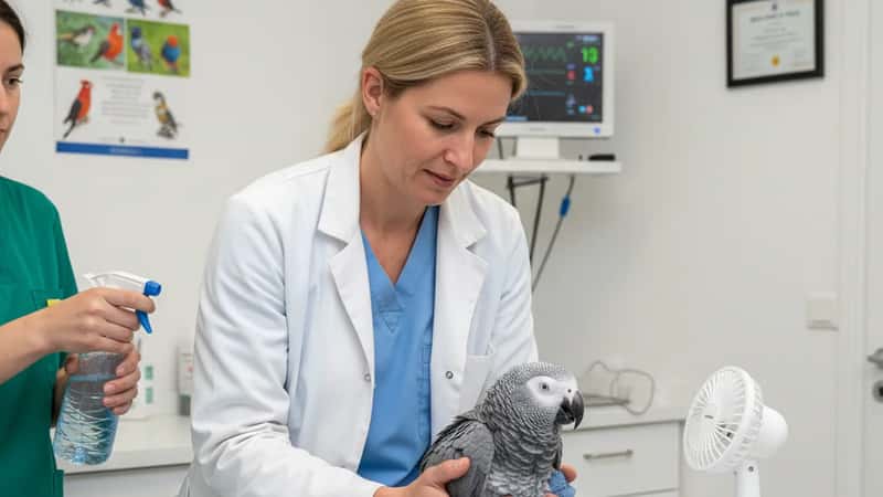 Vétérinaire spécialisée NAC examinant un perroquet gris sur une table d'examen dans une clinique vétérinaire française, traitement urgence chaleur
