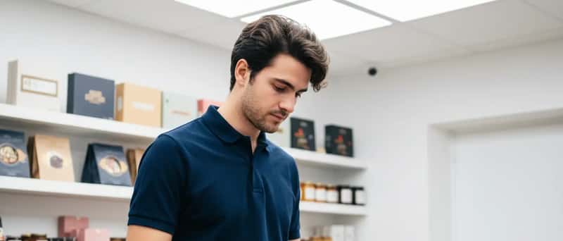 Jovem empreendedor brasileiro configurando um terminal de pagamento em uma loja de bairro em Curitiba