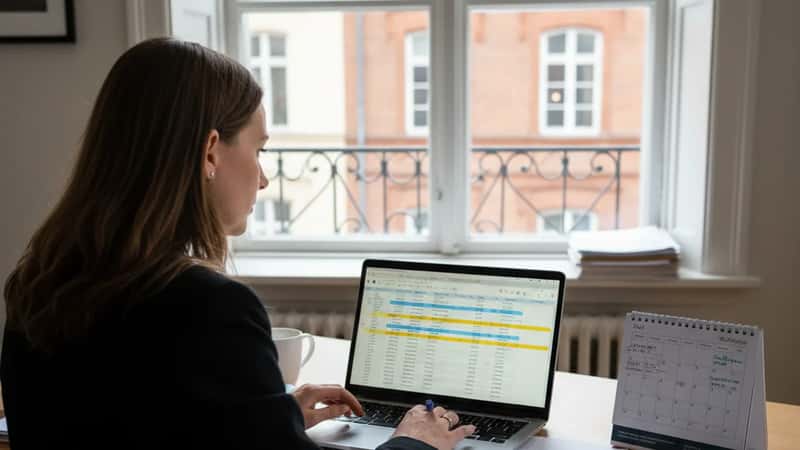 HR-chef planerar semesterschema för elektriker vid ett skrivbord i Malmö, kalender och kollektivavtalsdokument synliga