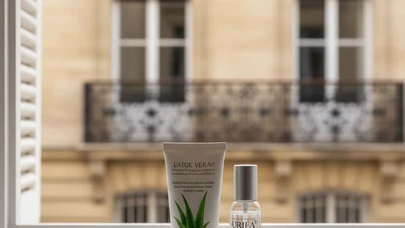 Gel d'aloe vera et brumisateur d'eau thermale sur une étagère de salle de bain à Bordeaux, premiers soins coup de soleil