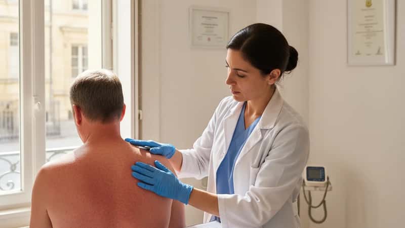 Médecin généraliste examinant le dos brûlé d'un patient dans un cabinet médical à Bordeaux