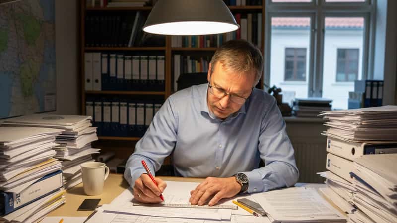 Norsk ansatt i Stavanger studerer lønnstabeller fra Statens tariffavtale 2026 på et tegnebord, varm skrivebordslampe