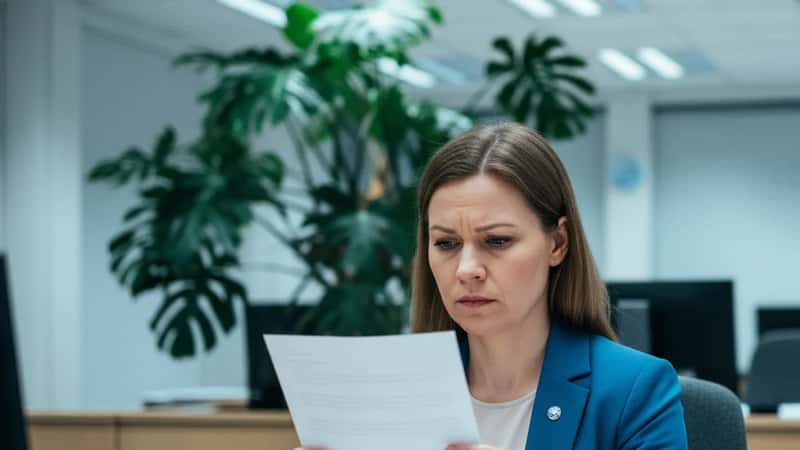 Virkanainen lukee irtisanomisilmoitusta toimistossa Oulussa, loisteputkivalo