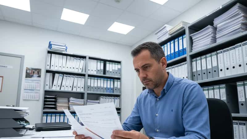 HR manager italiano confronta buste paga e contratti in un ufficio ospedaliero di Torino