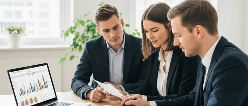 Junges deutsches Paar bespricht Finanzplanung mit einem Berater am Schreibtisch