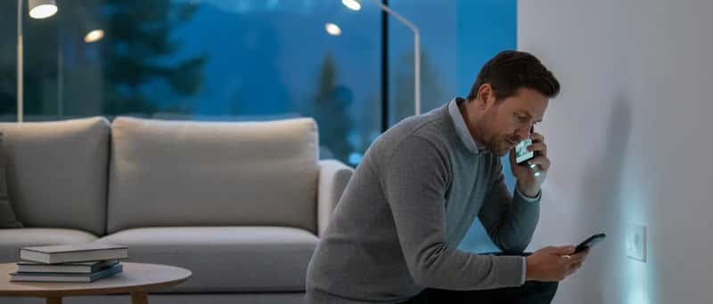 Husägare kontrollerar ett eluttag med ficklampan på mobiltelefonen i ett nordiskt vardagsrum
