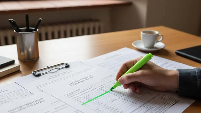Tabelle salariali CCNL Terziario con livelli evidenziati su scrivania a Torino, mano che annota la riga del 4° livello