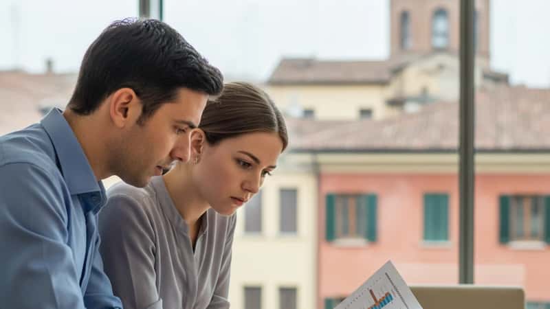 Consulente HR a Verona mostra grafici di confronto tra livelli contrattuali a un'impiegata in sala riunioni