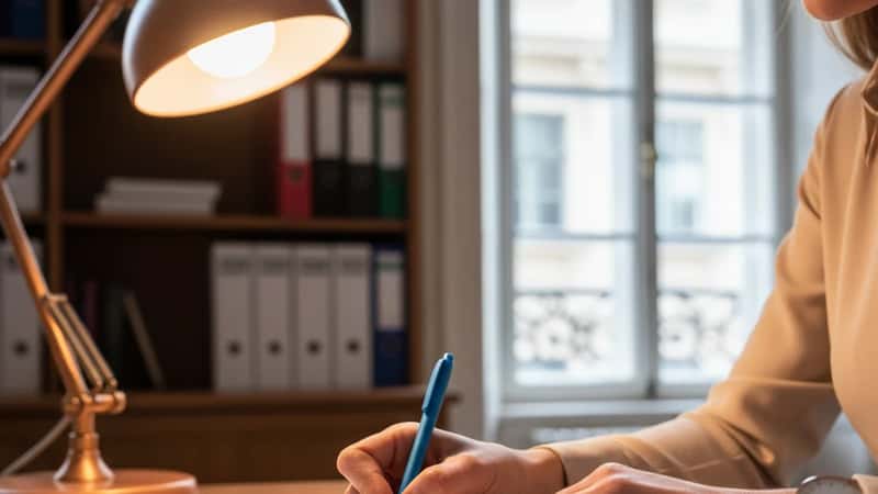 Statlig tjänsteman förbereder lönesamtal inför RALS 2010-T-revision med markerade lönejämförelsedata i Göteborgs myndighetskontor