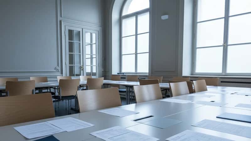 Tom konferenssal på statlig myndighet i Uppsala med lönerevisionsdokument utlagda på bordet, diffust dagsljus, stämning av institutionell ordning inför mötet