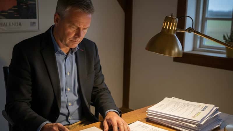 Landbrugsarbejdsgiver i Esbjerg gennemgår lønberegningsdokumenter på kontorskrivebord