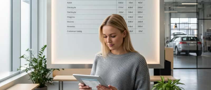 Kvinna jämför bilservicepriser på en surfplatta i en modern verkstadsreception