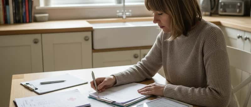 Person reviewing medical records and accident photos at a kitchen table, preparing for a solicitor consultation