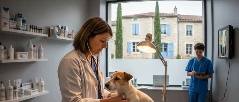 Vétérinaire examinant un petit chien sur une table d'examen dans une clinique suisse