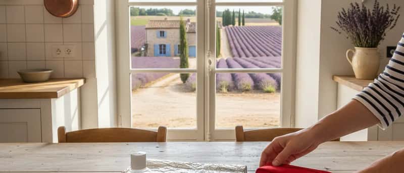Trousse d'urgence pour animaux avec compresses, sérum physiologique et muselière sur une table en bois