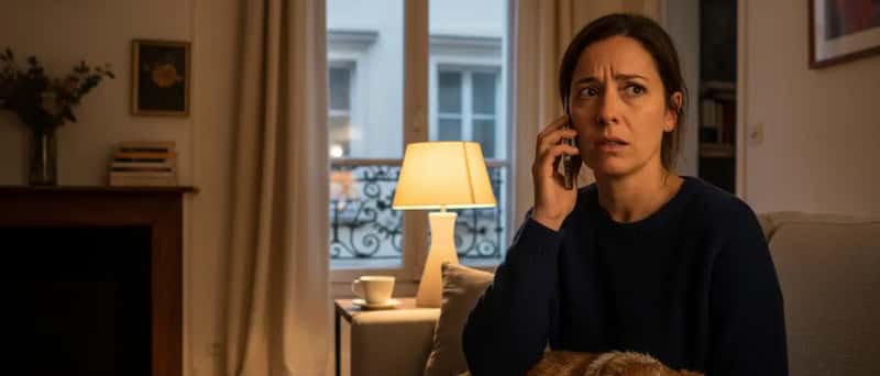 Femme inquiète au téléphone la nuit avec son chien sur les genoux, appelant les urgences vétérinaires