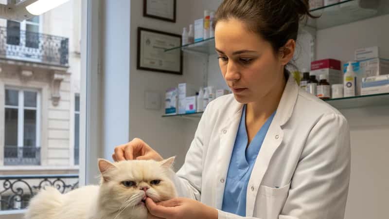 Vétérinaire vérifiant la couleur des gencives d'un chat persan dans une clinique de Lyon lors d'une urgence chaleur